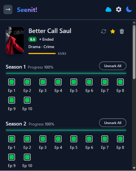 Seenit! extension in dark mode